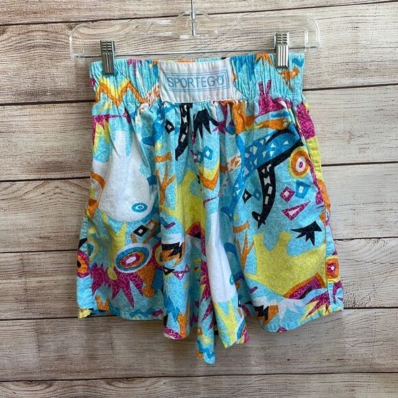 VINTAGE SPORTEGO PAPERBAG WAIST SHORTS IN ABSTRACT PRINT - Picture 1 of 5